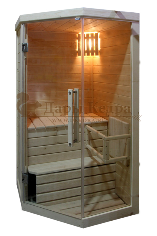 Одноместная угловая финская «Элит» сауна кабина из кедра и липы с электрокаменкой